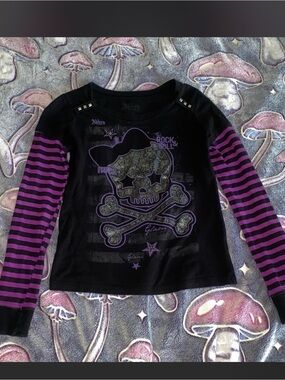 Abbey Dawn Black Top with Purple Striped Sleeves